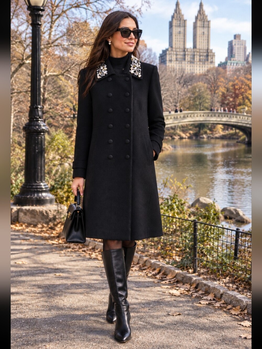 Bebe Black Wool Double-Breasted Coat with Embellished Collar XXS